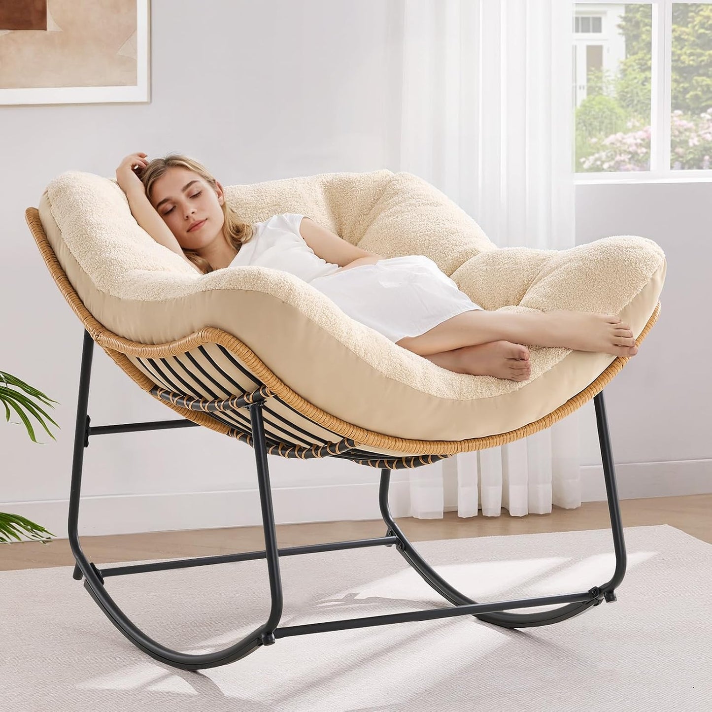 ONBRILL Outdoor Rocking Chairs, Oversized Papasan Rocking Chair, Beige | Rocking Chairs with Padded Cushions, Rattan Wicker Lounge Chair for Living Room, Porch, Patio, Garden