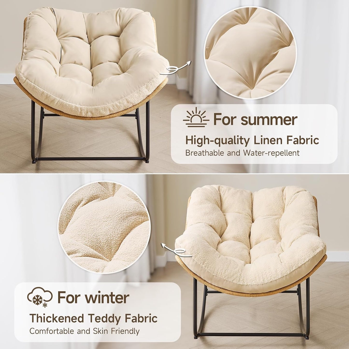 ONBRILL Outdoor Rocking Chairs, Oversized Papasan Rocking Chair, Beige | Rocking Chairs with Padded Cushions, Rattan Wicker Lounge Chair for Living Room, Porch, Patio, Garden