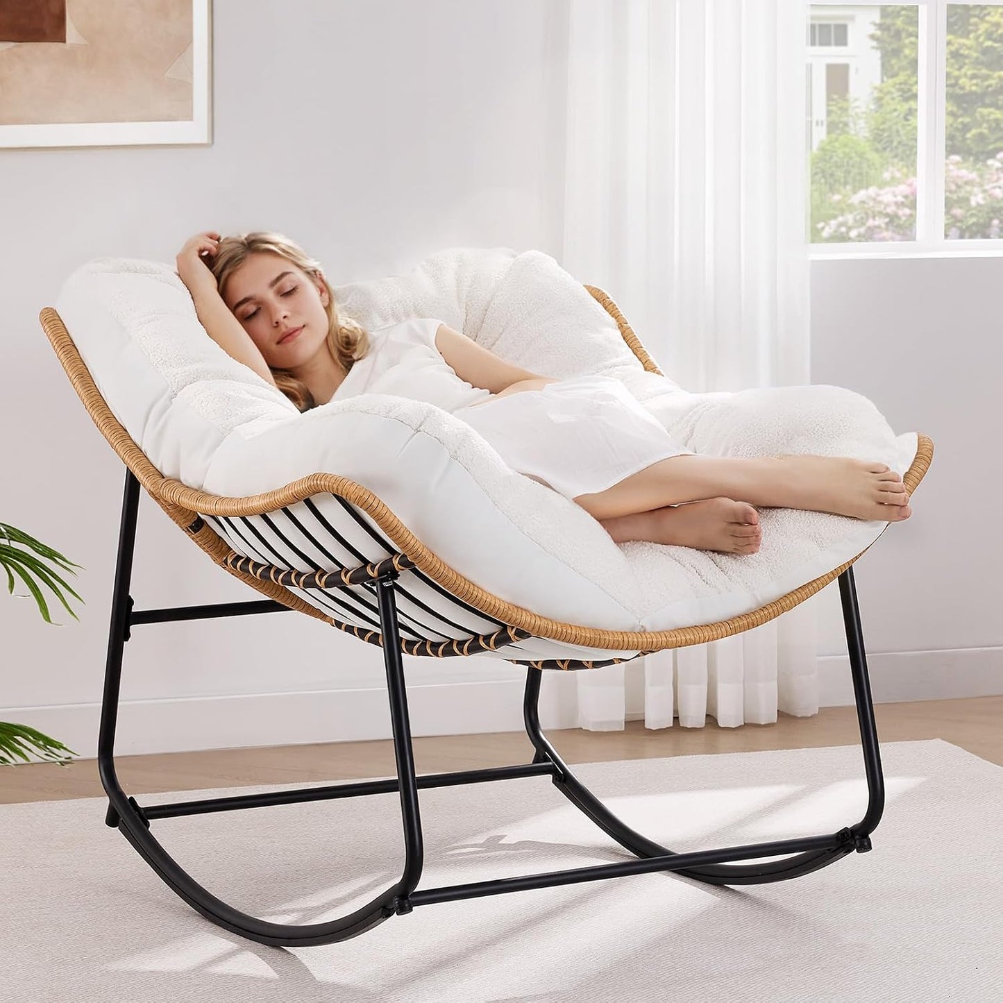 ONBRILL Outdoor Rocking Chairs, Oversized Papasan Rocking Chair, Beige | Rocking Chairs with Padded Cushions, Rattan Wicker Lounge Chair for Living Room, Porch, Patio, Garden