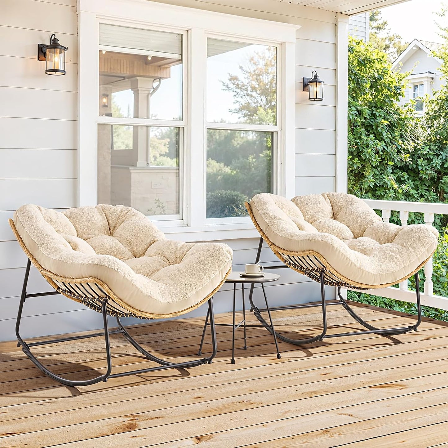 ONBRILL Outdoor Rocking Chairs, Oversized Papasan Rocking Chair, Beige | Rocking Chairs with Padded Cushions, Rattan Wicker Lounge Chair for Living Room, Porch, Patio, Garden