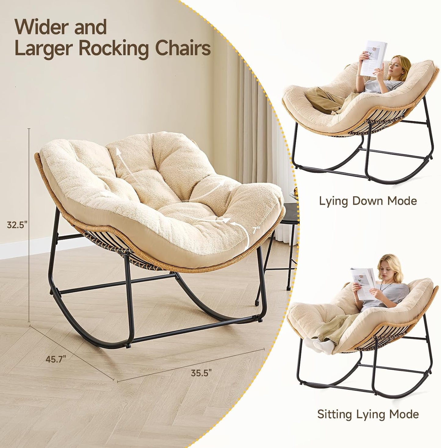 ONBRILL Outdoor Rocking Chairs, Oversized Papasan Rocking Chair, Beige | Rocking Chairs with Padded Cushions, Rattan Wicker Lounge Chair for Living Room, Porch, Patio, Garden