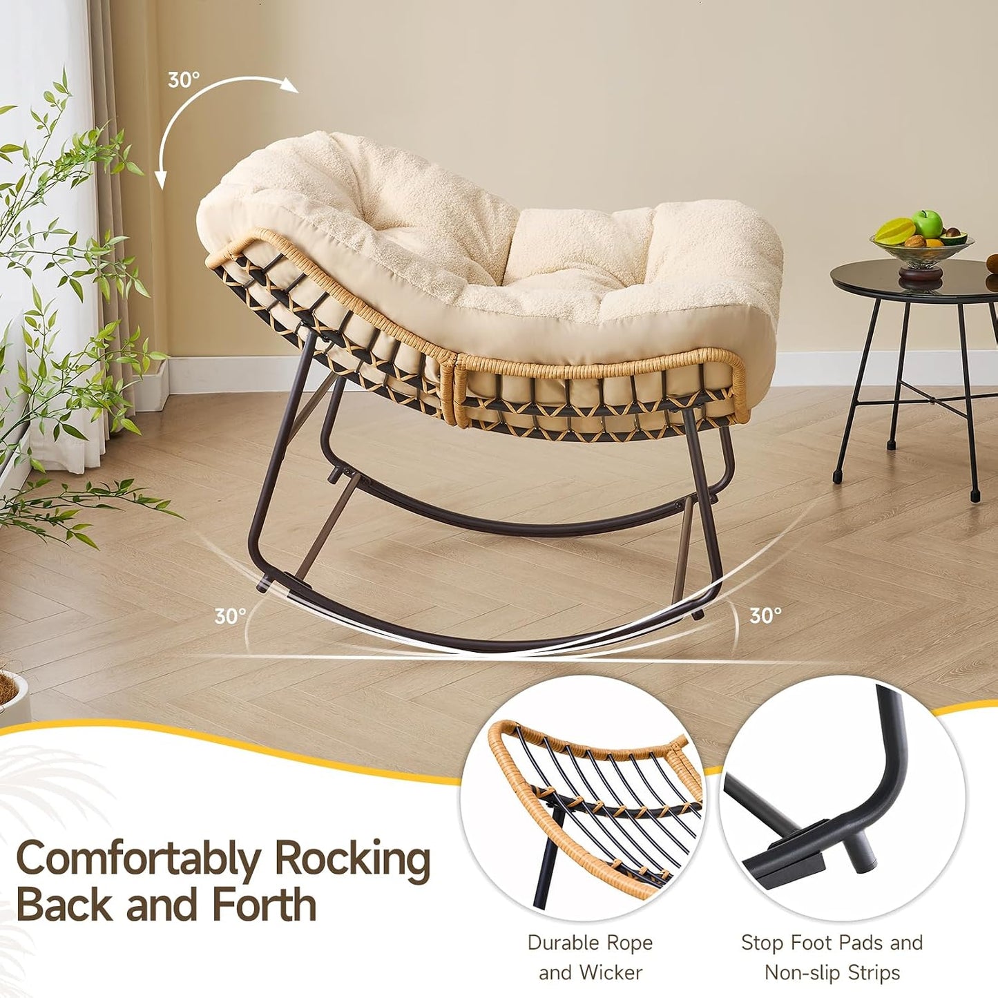 ONBRILL Outdoor Rocking Chairs, Oversized Papasan Rocking Chair, Beige | Rocking Chairs with Padded Cushions, Rattan Wicker Lounge Chair for Living Room, Porch, Patio, Garden