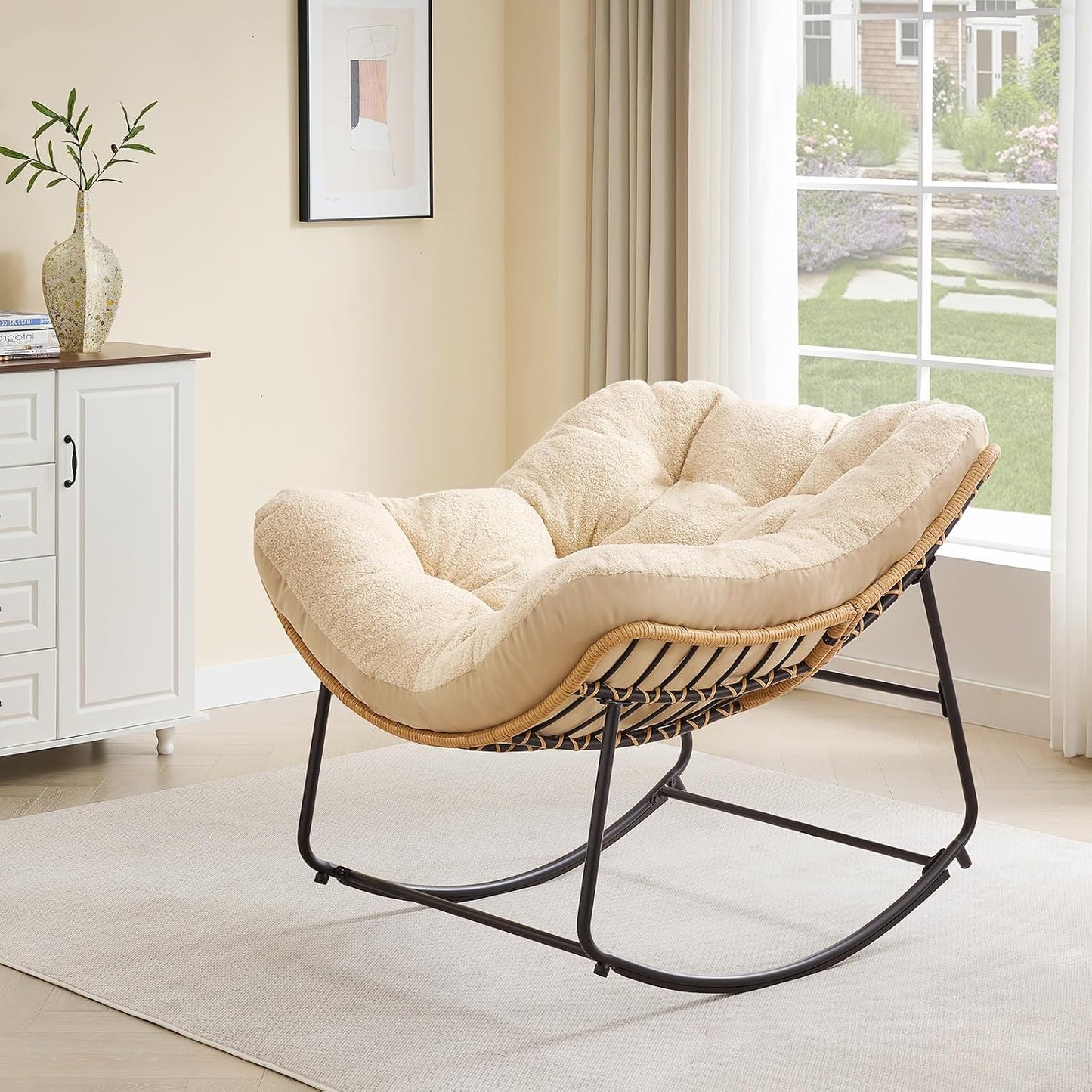 ONBRILL Outdoor Rocking Chairs, Oversized Papasan Rocking Chair, Beige | Rocking Chairs with Padded Cushions, Rattan Wicker Lounge Chair for Living Room, Porch, Patio, Garden