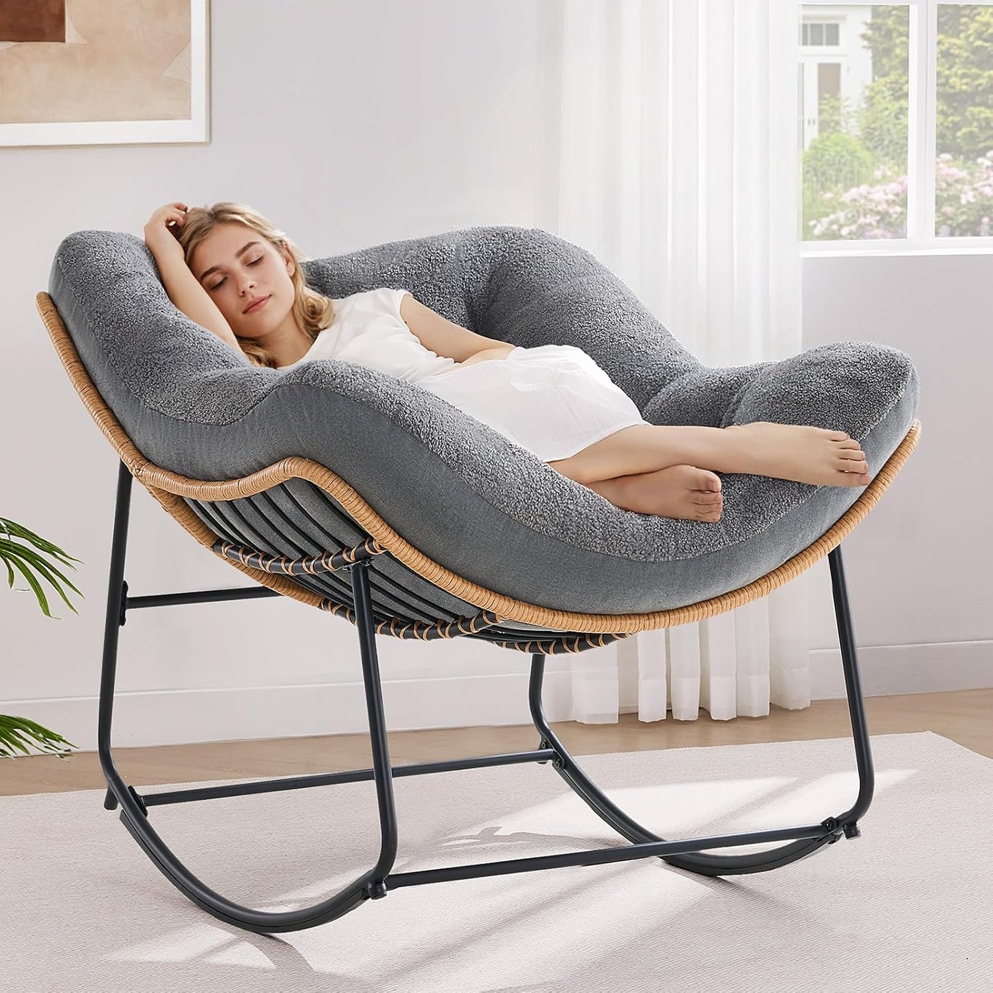 ONBRILL Outdoor Rocking Chairs, Oversized Papasan Rocking Chair, Beige | Rocking Chairs with Padded Cushions, Rattan Wicker Lounge Chair for Living Room, Porch, Patio, Garden