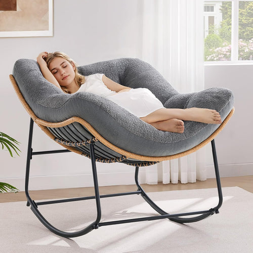 ONBRILL Outdoor Rocking Chairs, Oversized Papasan Rocking Chair, Beige | Rocking Chairs with Padded Cushions, Rattan Wicker Lounge Chair for Living Room, Porch, Patio, Garden